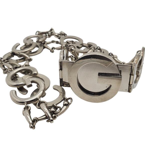 Gucci 1970s Silver Plated Logo Belt GG Designer Chain Metal Link Signature Italy - Picture 2 of 16